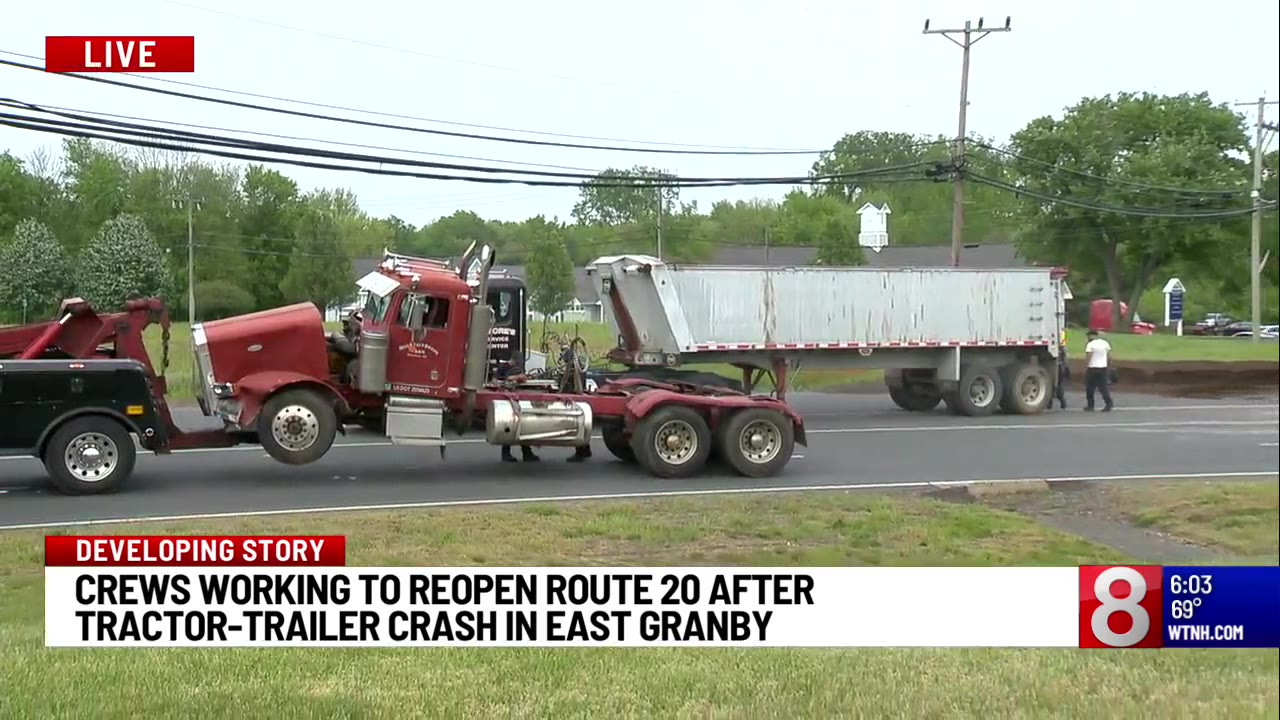 Crews working to reopen Route 20 in East Granby after semitruck crash