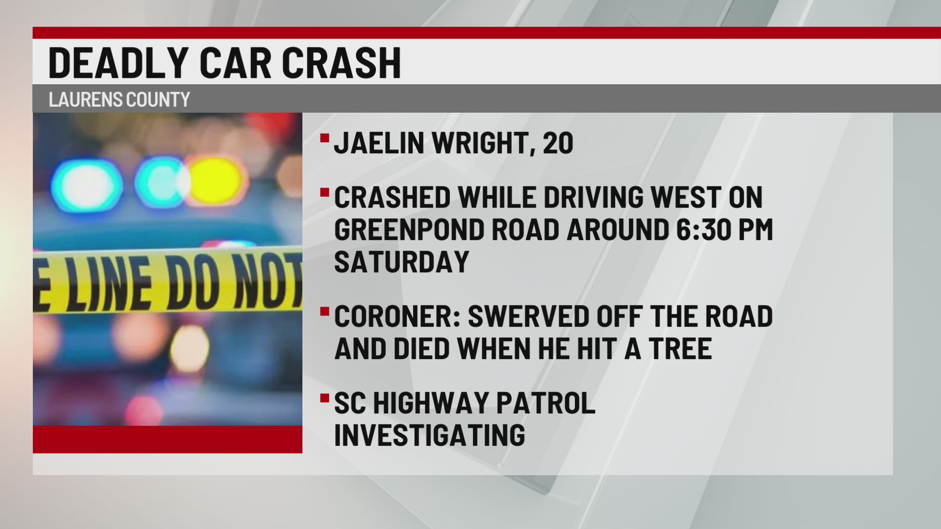 Man identified after hitting tree during crash in Laurens Co. – WSPA 7NEWS