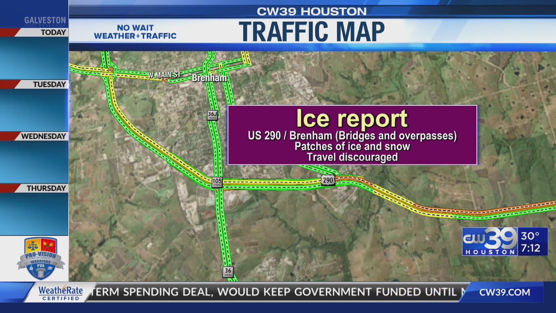 Ice Reports on 290 near Brenham & snowfall Also New Waverly on N Frwy