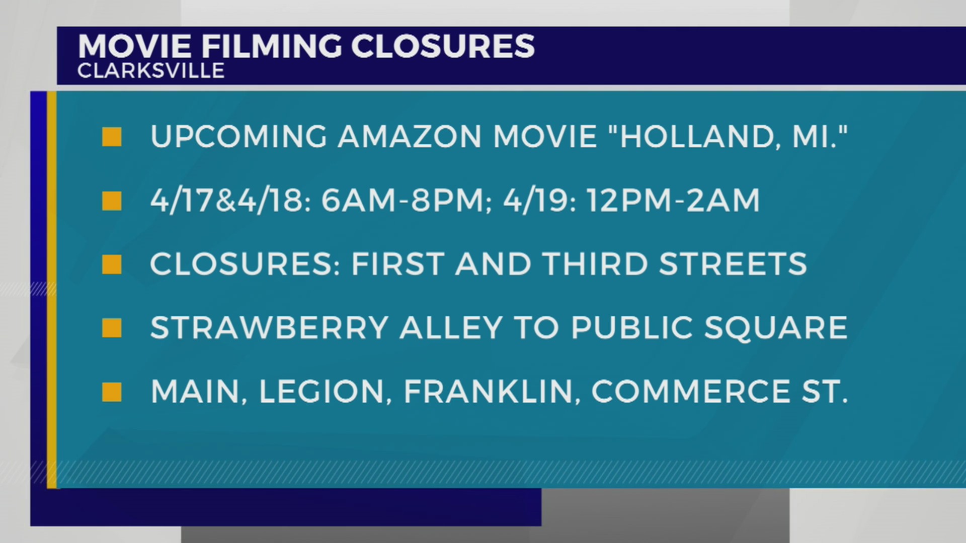 Road closures scheduled in Clarksville due to movie filming WKRN News 2