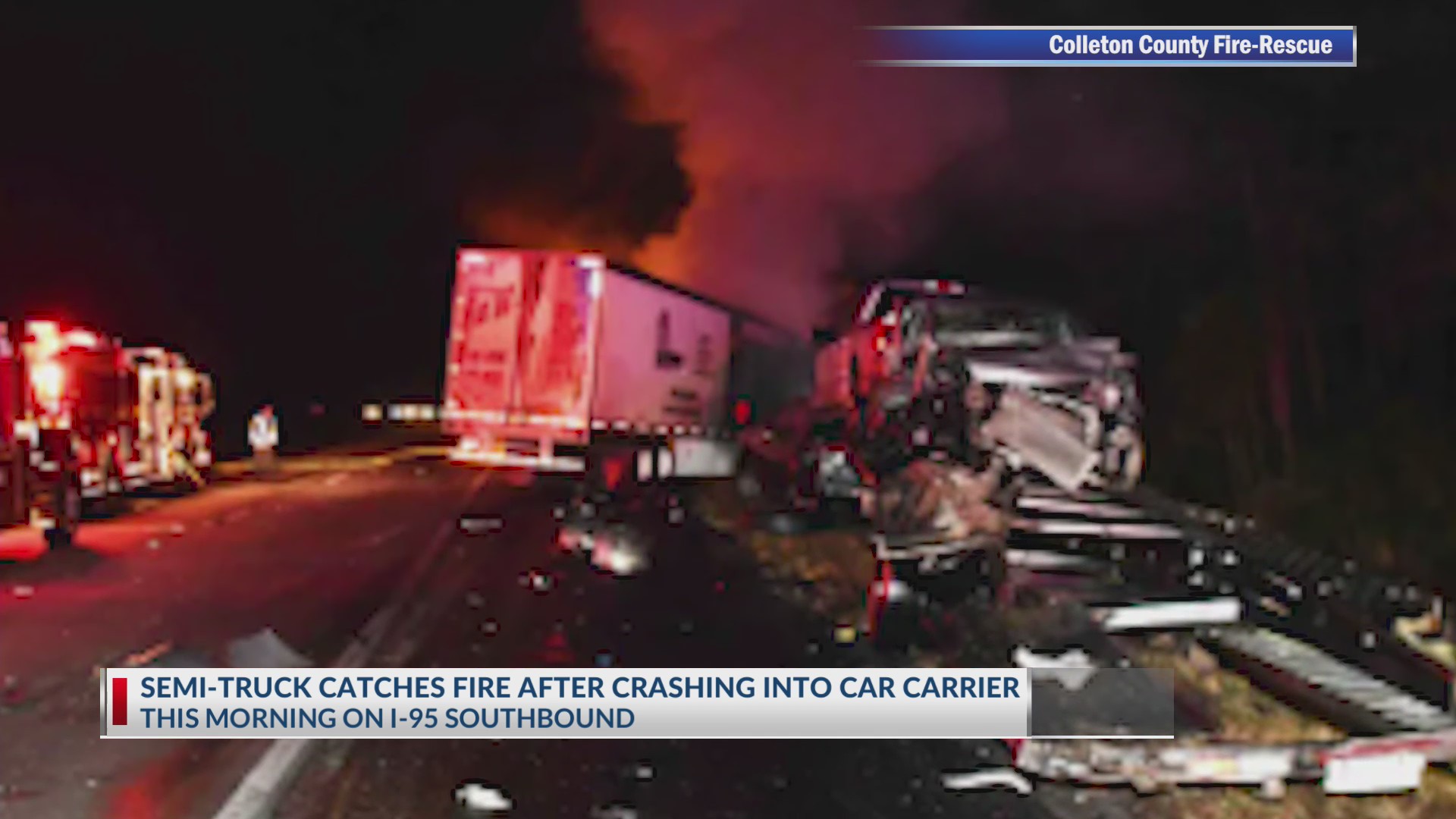 Semi-truck catches fire after crashing into car carrier on I-95 ...