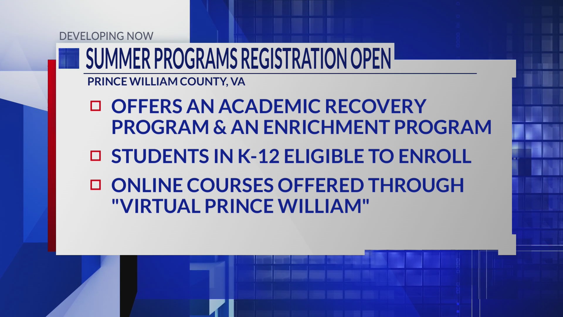 Prince William County Public Schools opening summer school registration –  DC News Now | Washington, DC