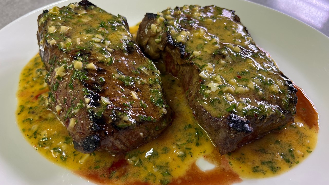 In the Kitchen Grilled Steaks with Mustard & Garlic Butter