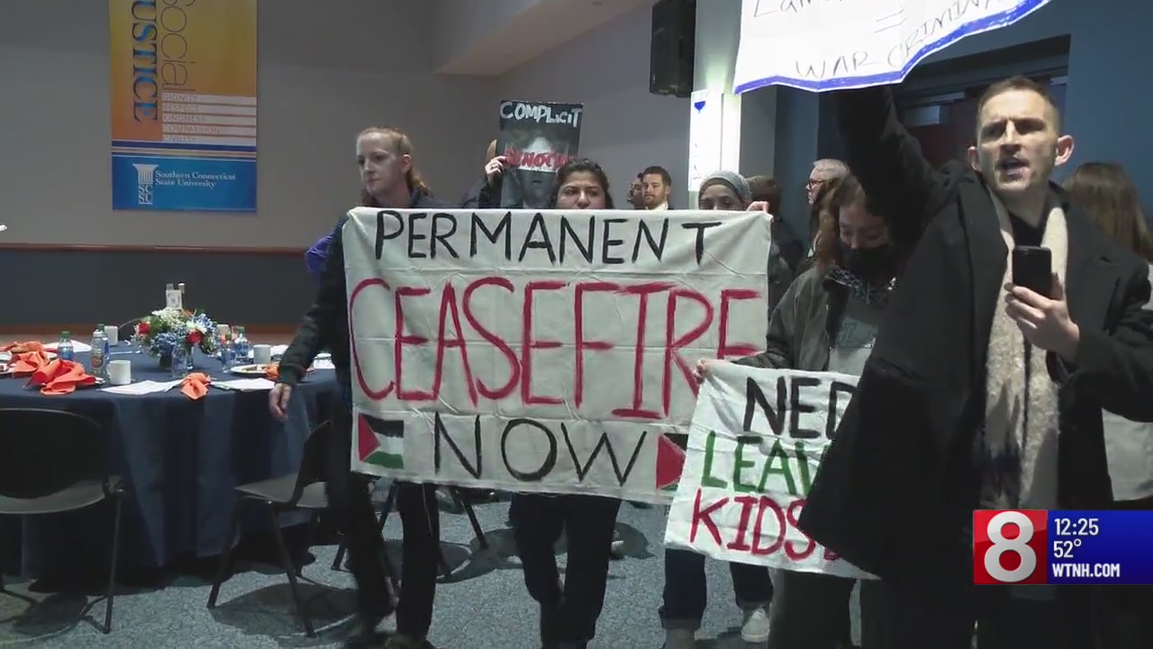 Protestors interrupt Greater New Haven Chamber of Commerce breakfast