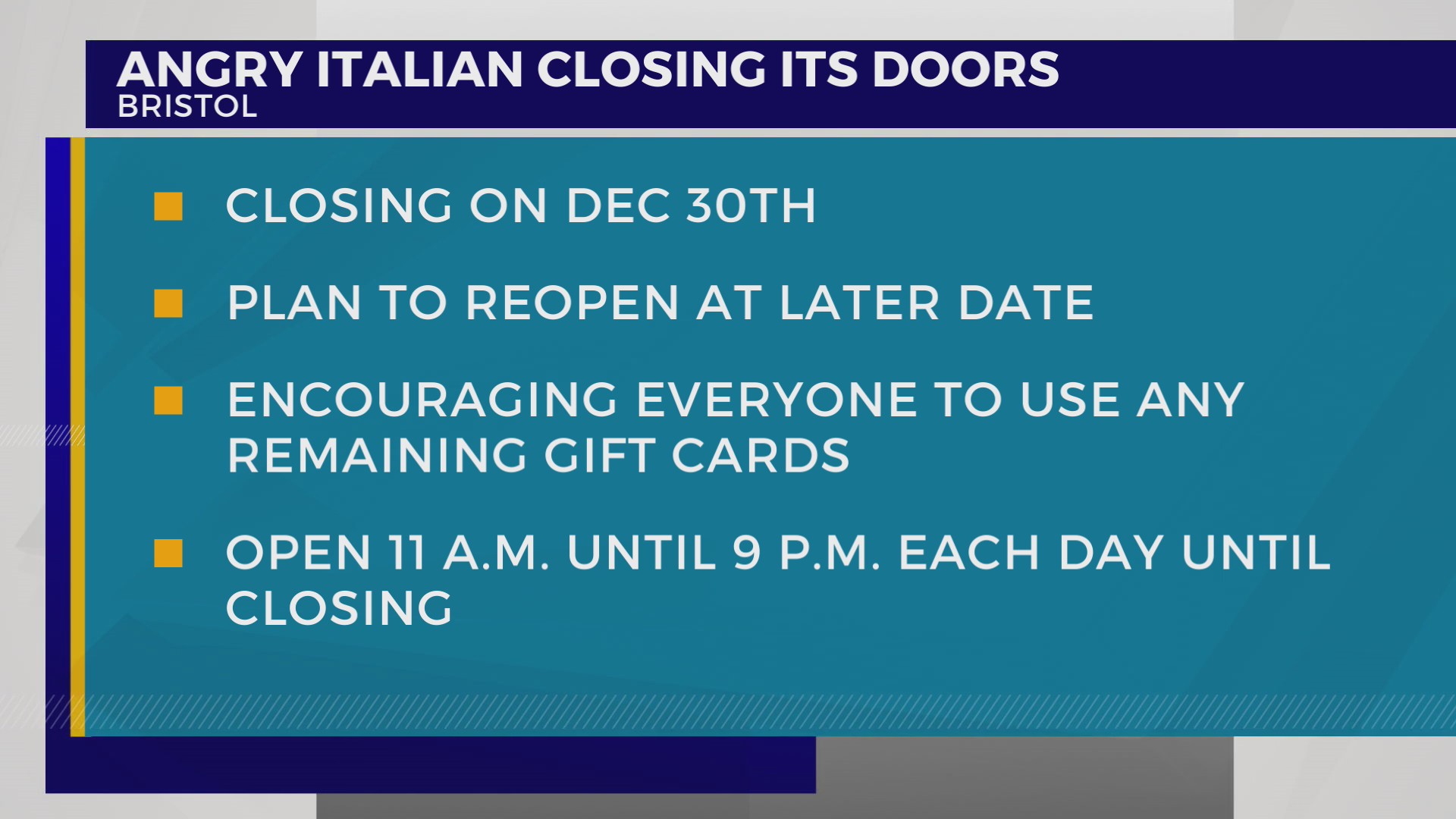 Bristol’s Angry Italian Restaurant to close on Dec. 30 – WJHL | Tri ...