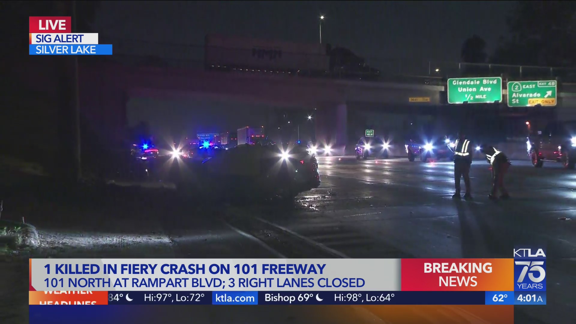 1 killed in fiery crash on 101 Freeway; lanes closed through Silver ...