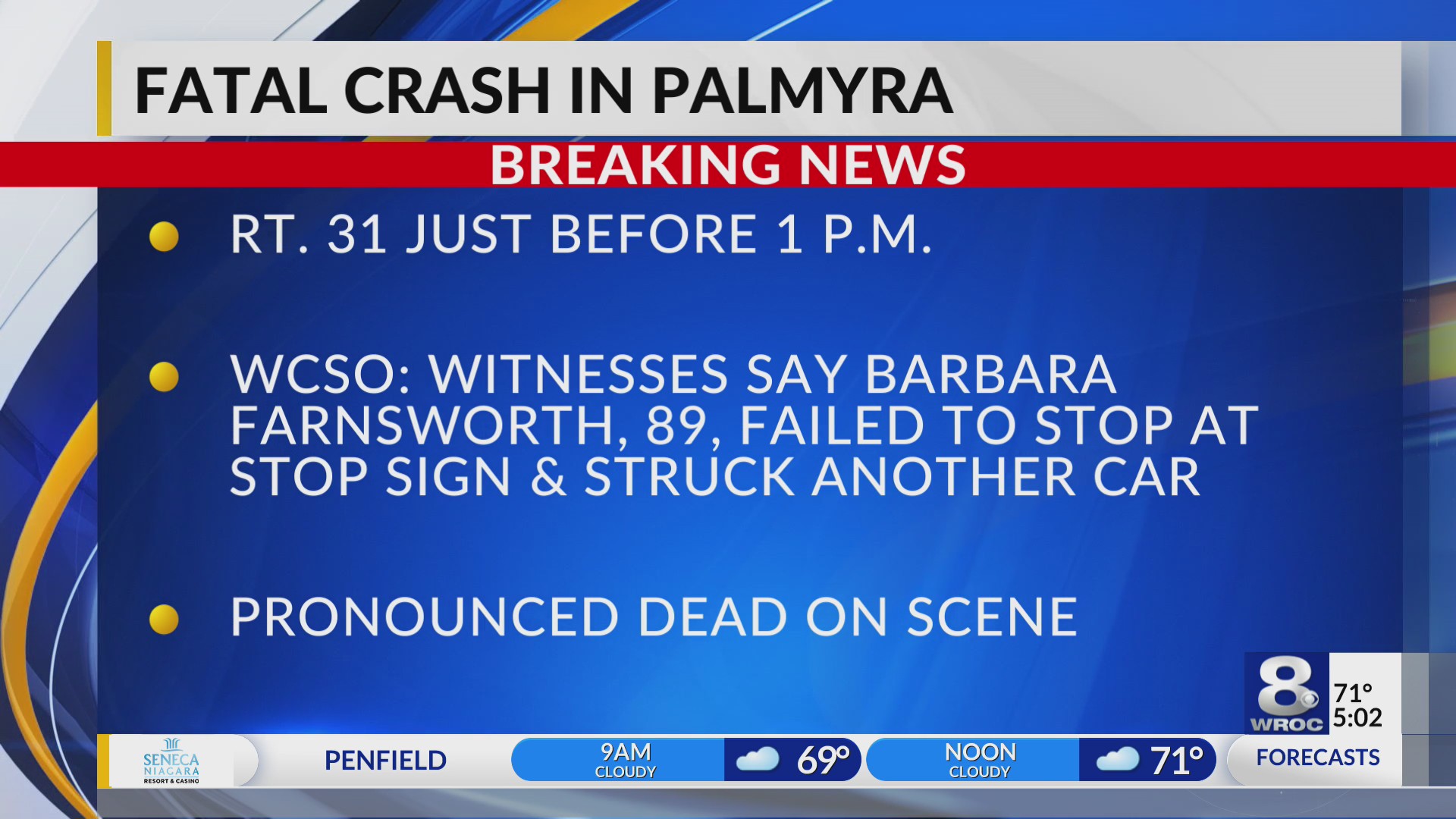Woman killed in car crash in the Town of Palmyra RochesterFirst