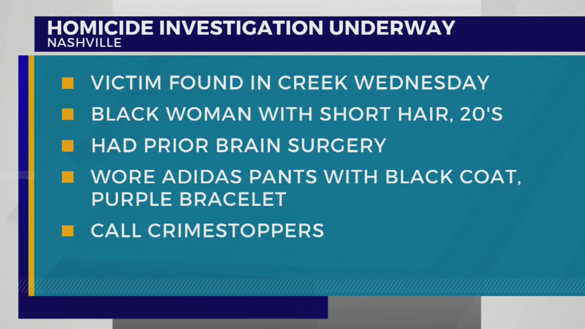 Homicide investigation underway after woman found dead in creek – WKRN ...