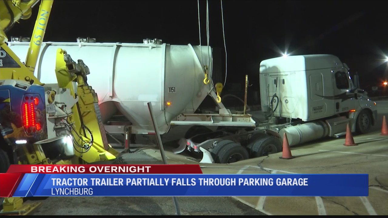 Tractortrailer partially falls through Lynchburg parking garage WFXRtv