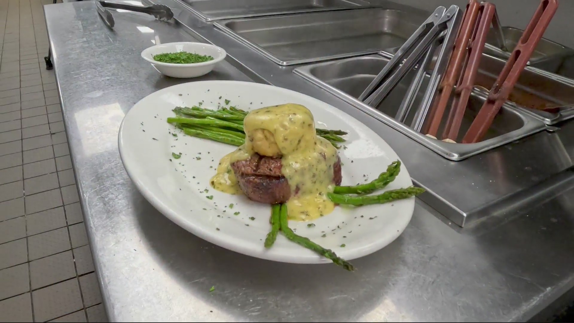 Crab cakes and steak with special sauce