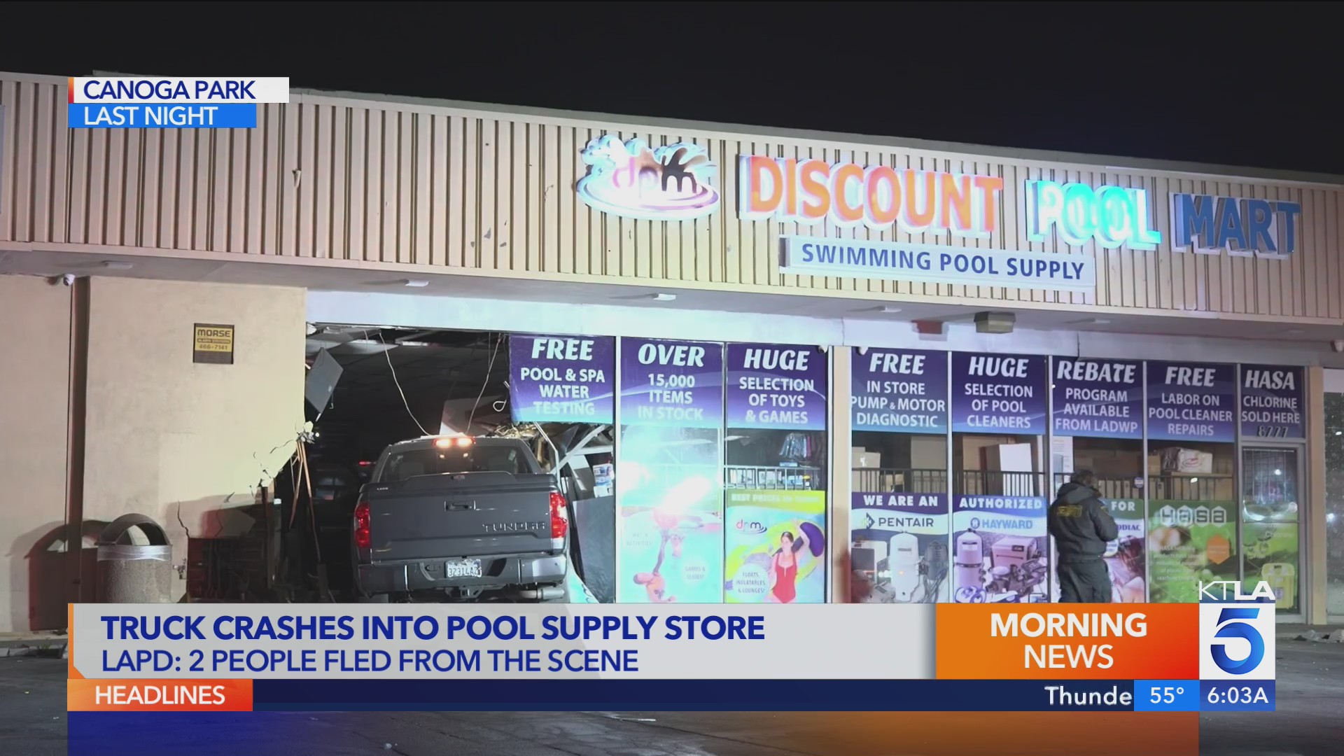 Two people sought after crashing truck into pool supply store