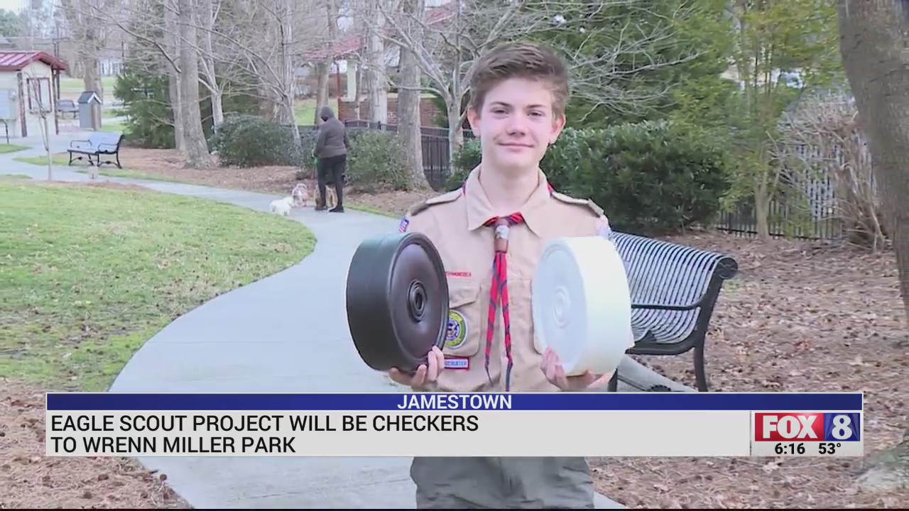 Eagle Scout candidate creating lifesize checker set in Wrenn Miller