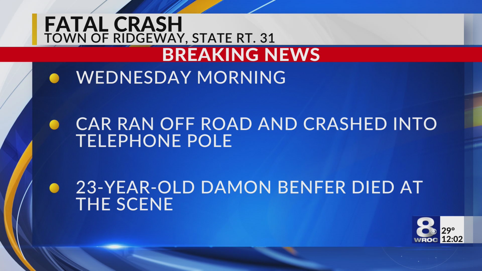 Driver killed in car crash in the Town of Ridgeway RochesterFirst