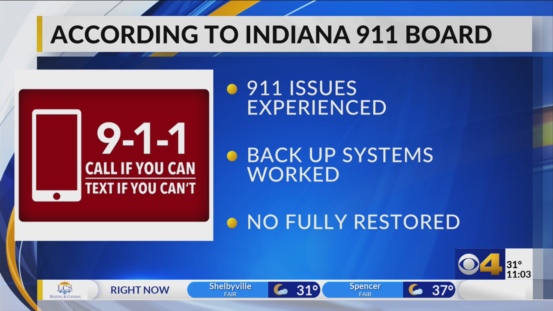 Several Indiana counties have 911 phone systems restored after