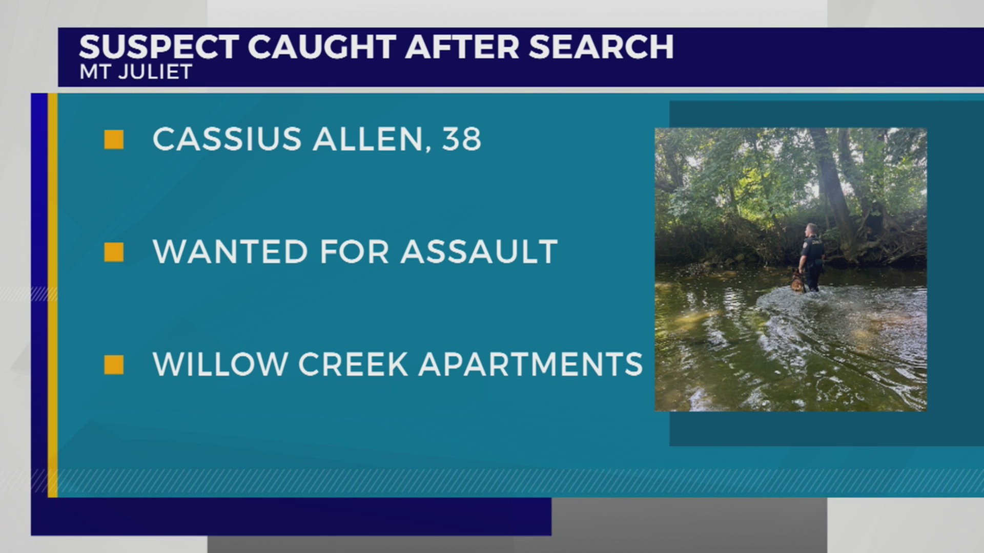 Assault suspect in custody following search in Mt. Juliet – WKRN News 2