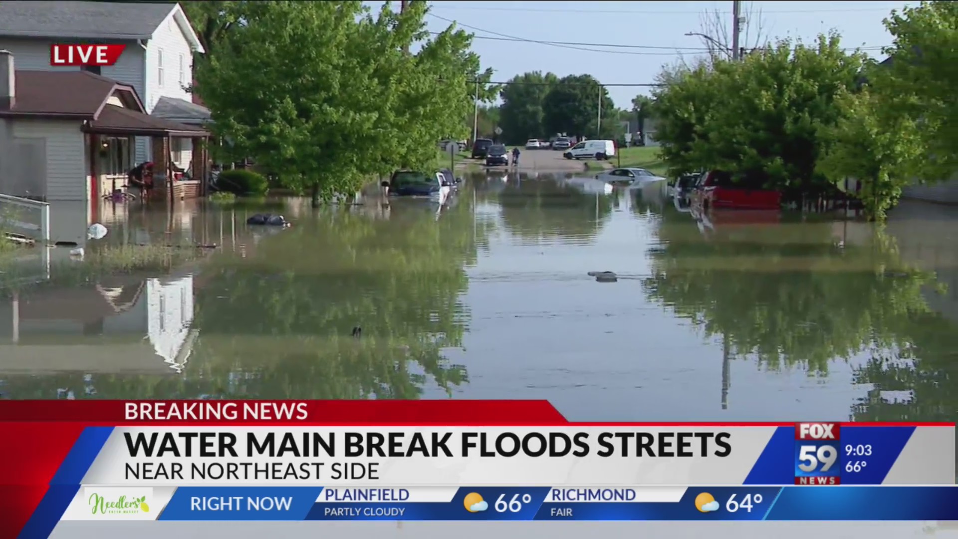 Water main break floods street, leaves some vehicles partially