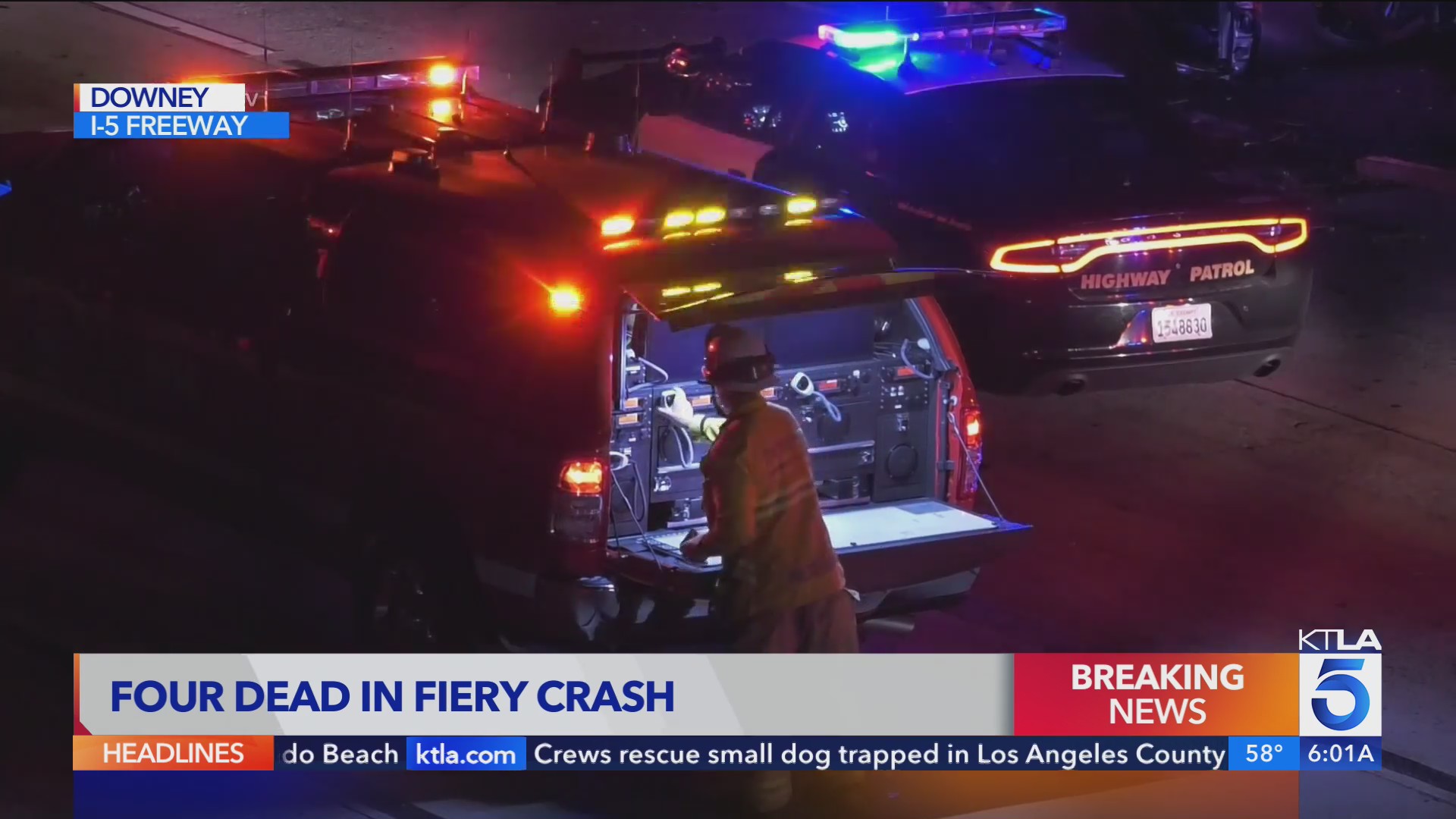 4 dead in fiery crash on 5 Freeway in Downey – KTLA