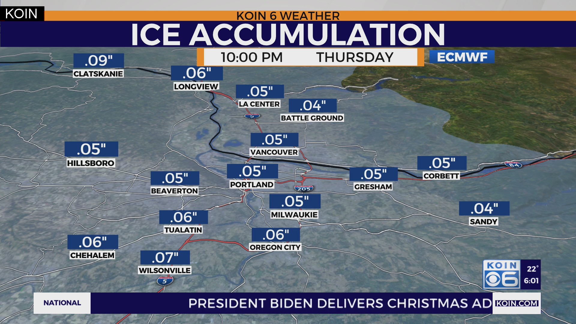 Portland, OR weather forecast at 6 p.m. on December 22, 2022