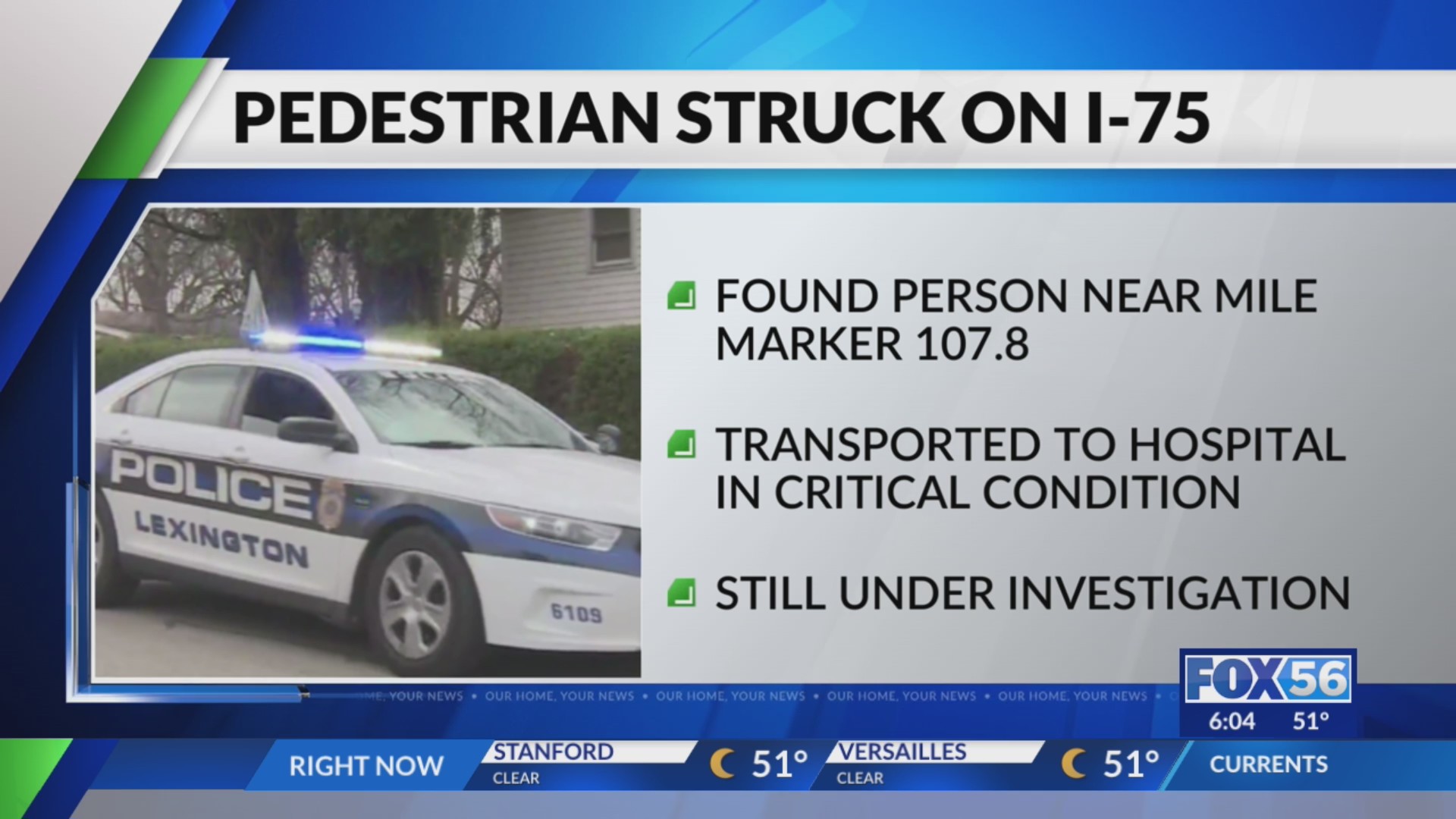 Lexington pedestrian hit on I-75 in critical condition – FOX 56 News