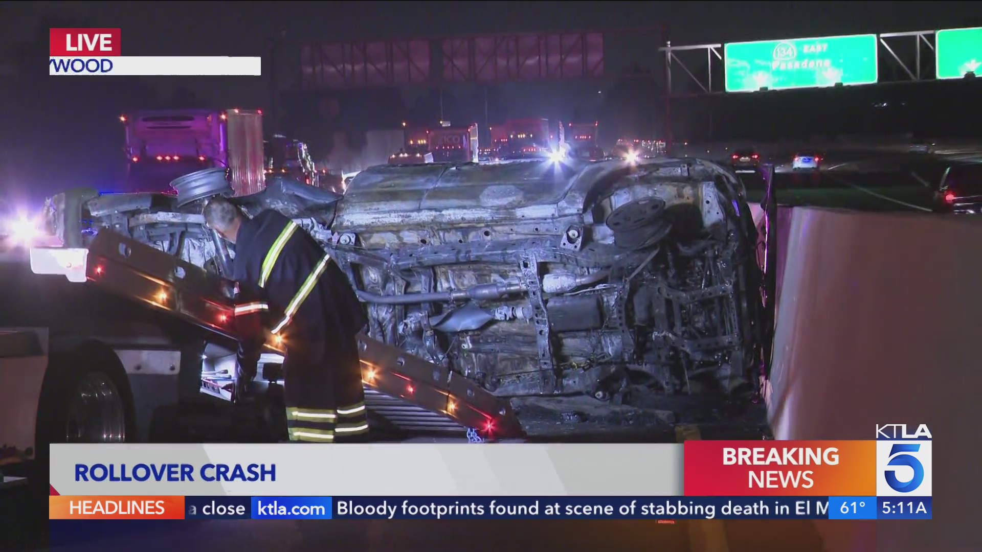 Fiery rollover crash halts traffic on 101 Freeway – KTLA
