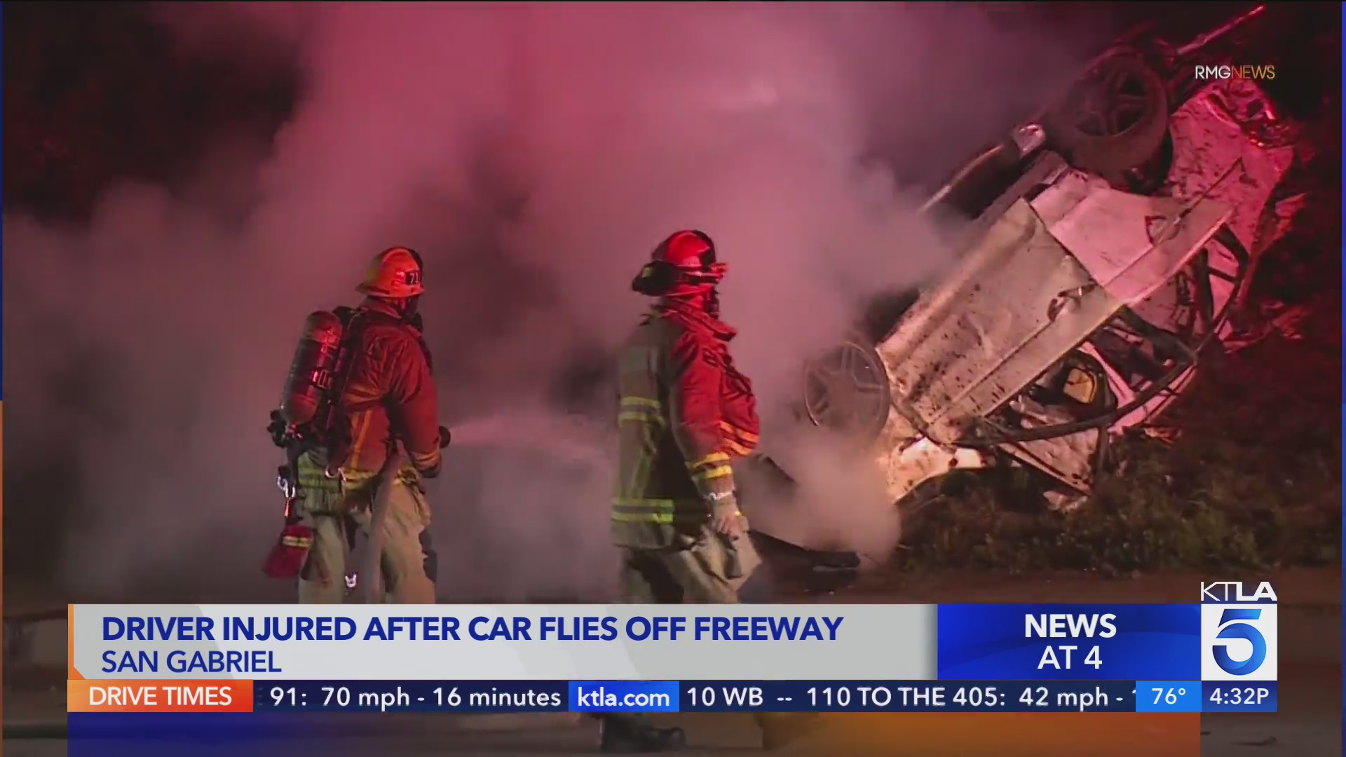 Driver injured after car flies off freeway – KTLA