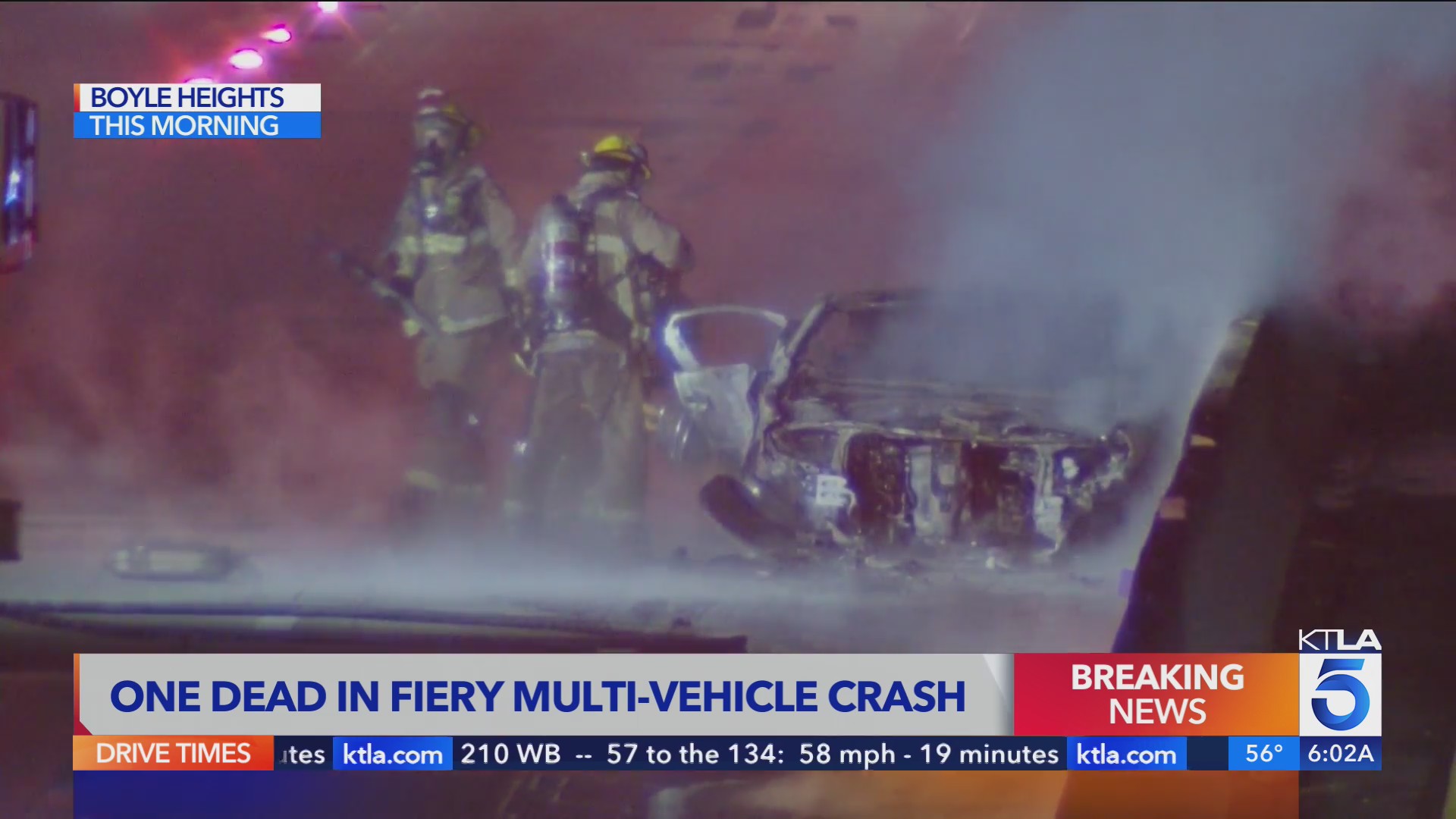 1 killed in fiery multi-vehicle crash on 5 Freeway in Boyle Heights – KTLA