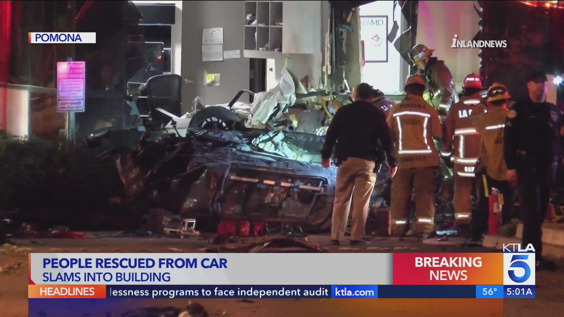 Car slams into side of building, overturns in Pomona – KTLA