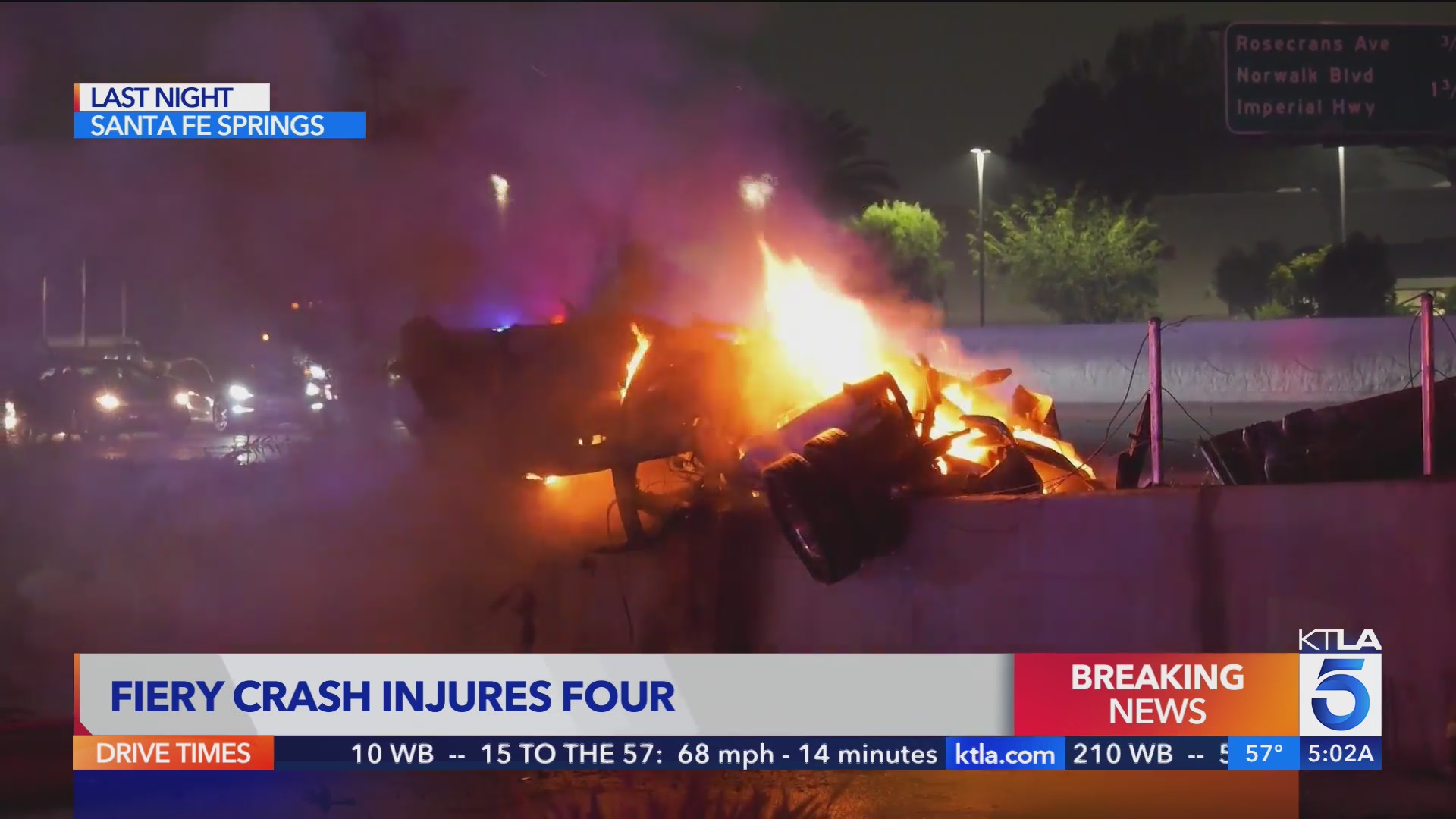 4 injured in fiery crash on 5 Freeway in Santa Fe Springs – KTLA